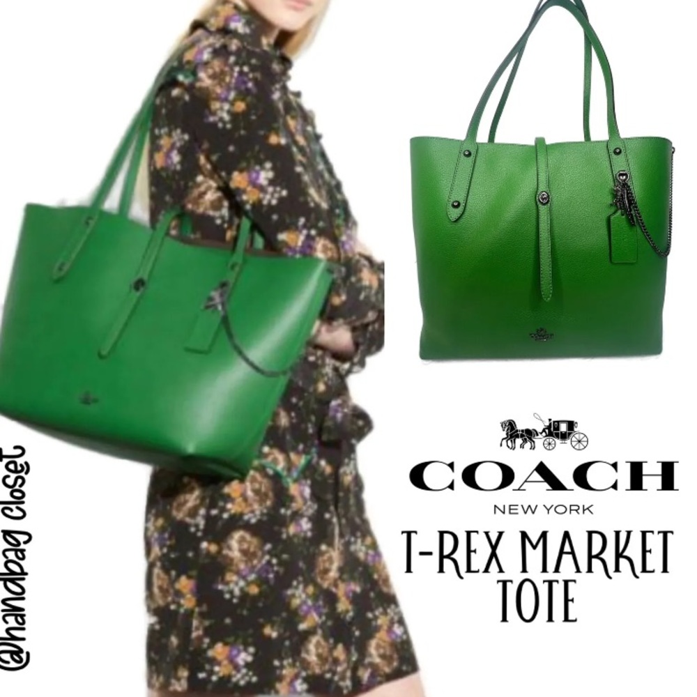 Coach Rexy Market Tote Pebble Leather Large 58024 Kelly Green Bag T-Rex Dinosaur
